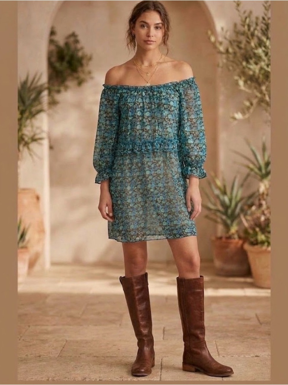 Roper Blue and Brown Bishop Sleeve Sheer Chiffon Mini Dress Ruffled Waistline L